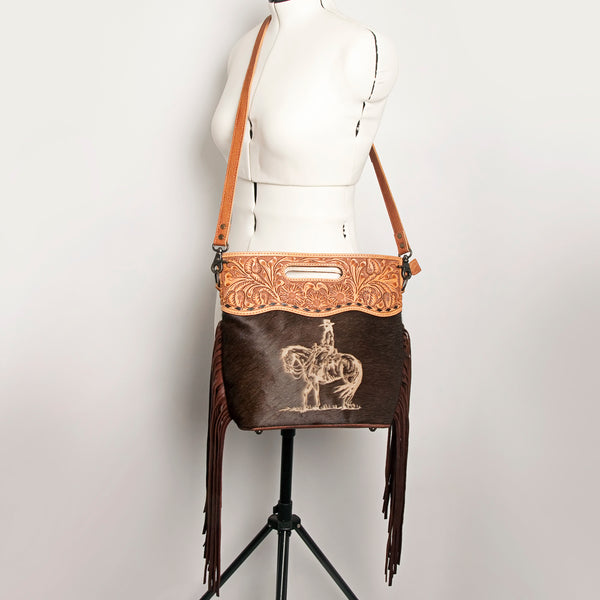 ADBGS146 Engraved Cowhide & Tooled Leather Shoulder Bag - Western Fringe Crossbody