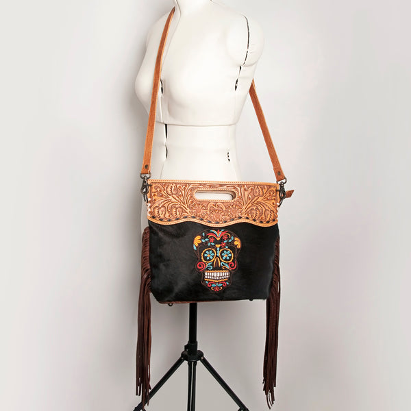 ADBGS146AN Engraved Cowhide & Tooled Leather Shoulder Bag - Western Fringe Crossbody