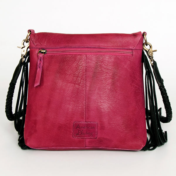 ADBGM282 Raw-Edge Tribal Leather Crossbody - Fringe, Bone Accent & Braided Strap