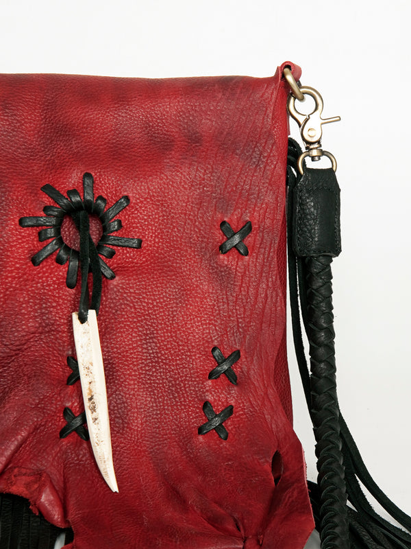 ADBGM282 Raw-Edge Tribal Leather Crossbody - Fringe, Bone Accent & Braided Strap