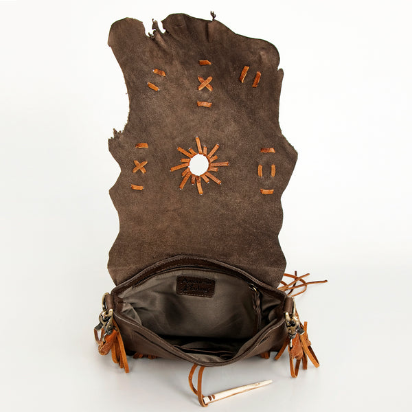 ADBGM282 Raw-Edge Tribal Leather Crossbody - Fringe, Bone Accent & Braided Strap