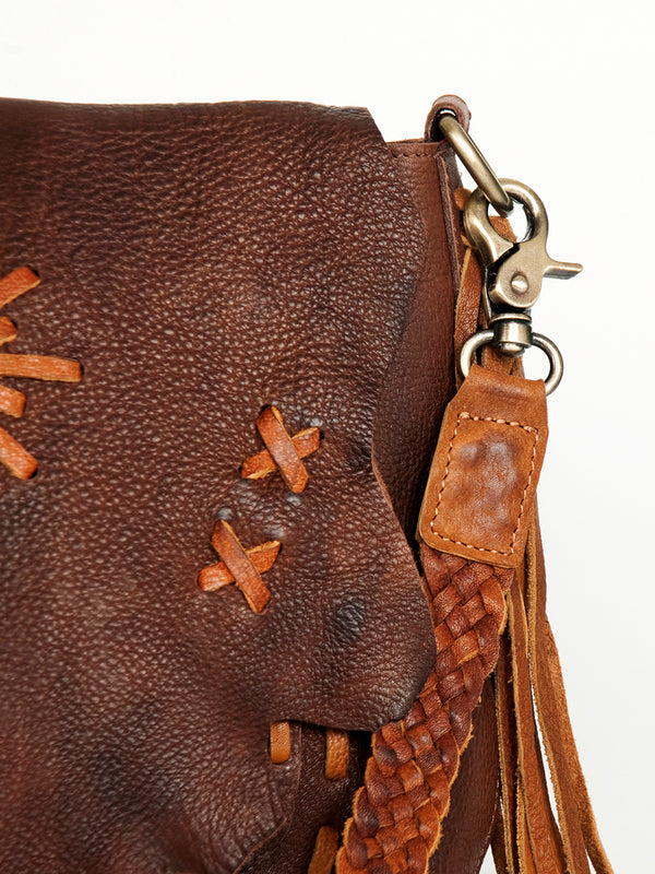 ADBGM283 Tribal Leather Crossbody - Fringe, Bone Accent & Braided Strap