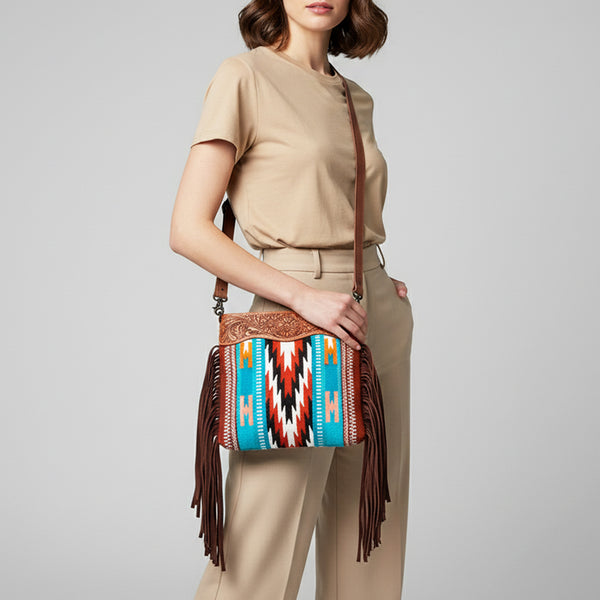 LC-ADBGZ641A Western Leather Crossbody Bag with Tooled Yoke & Turquoise Wool Pattern