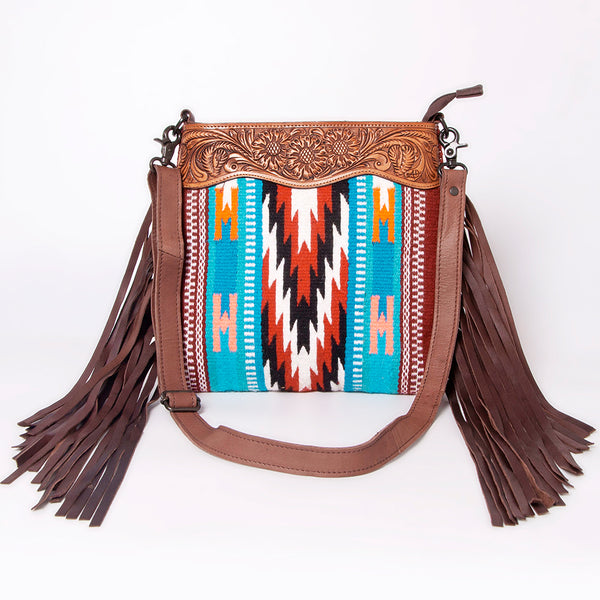 LC-ADBGZ641A Western Leather Crossbody Bag with Tooled Yoke & Turquoise Wool Pattern