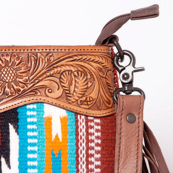 LC-ADBGZ641A Western Leather Crossbody Bag with Tooled Yoke & Turquoise Wool Pattern
