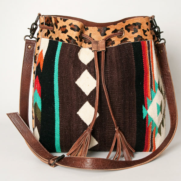 ADBG574 American Darling Southwestern Wool Bucket Bag Drawstring Tote with Leather Strap