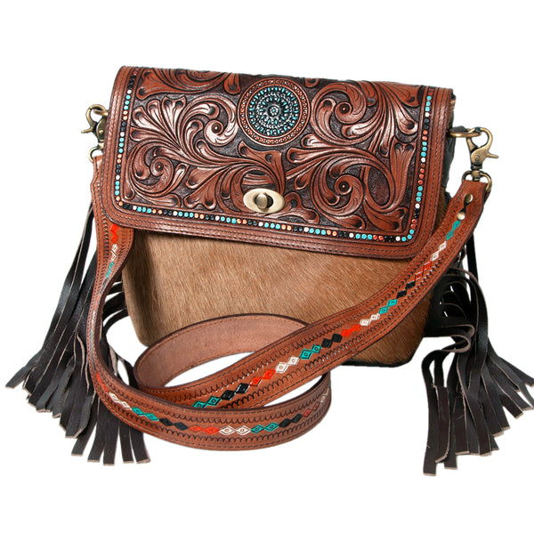 KBK104 Crossbody Hand Tooled Saddle Leather with Cowhide Leather Ladies Bag