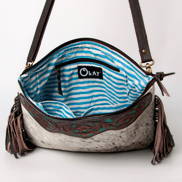 KBA115 CROSS BODY Hand Tooled Saddle Leather and Upcycled Canvas Ladies Bag 14.5x15.5 KBA