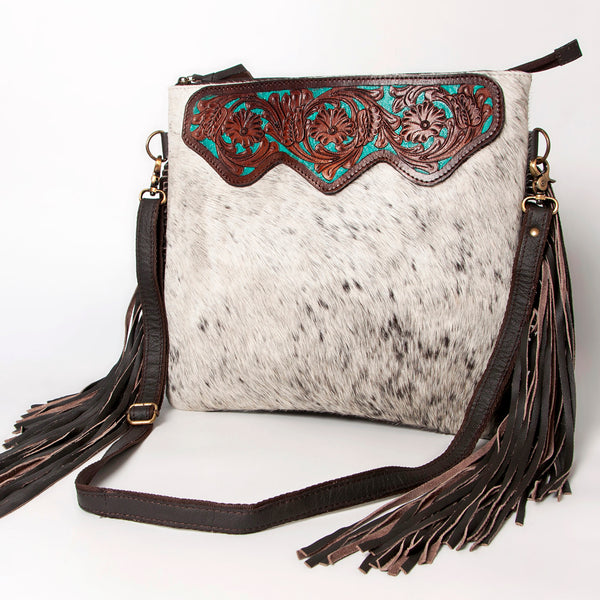 KBA115 CROSS BODY Hand Tooled Saddle Leather and Upcycled Canvas Ladies Bag 14.5x15.5 KBA