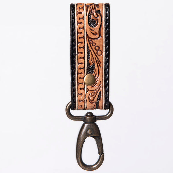 ADKR210 Hand-Tooled Leather Loop Keyring - Floral Design with Swivel Clasp
