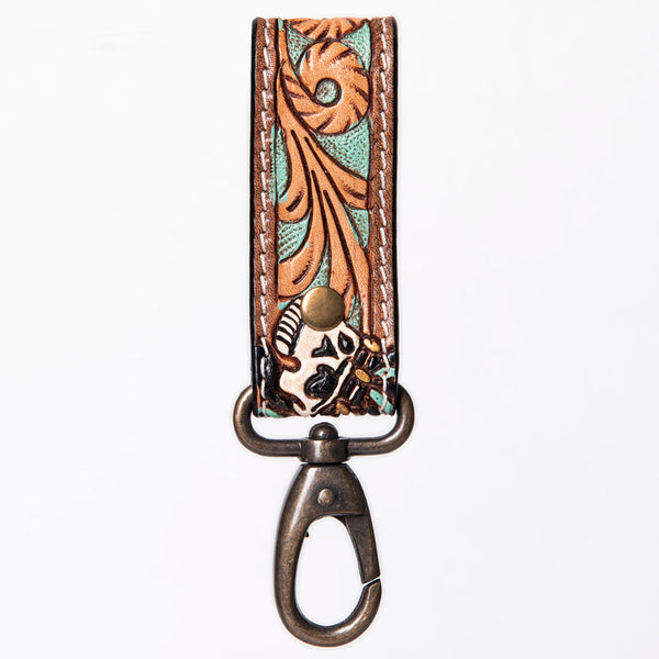 ADKR210 Hand-Tooled Leather Loop Keyring - Floral Design with Swivel Clasp
