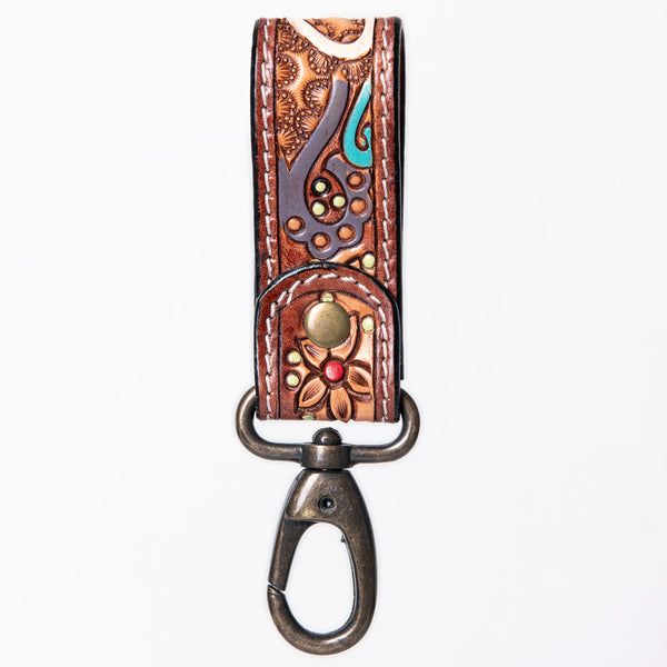 ADKR210 Hand-Tooled Leather Loop Keyring - Floral Design with Swivel Clasp