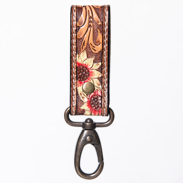 ADKR210 Hand-Tooled Leather Loop Keyring - Floral Design with Swivel Clasp