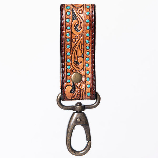 ADKR210 Hand-Tooled Leather Loop Keyring - Floral Design with Swivel Clasp