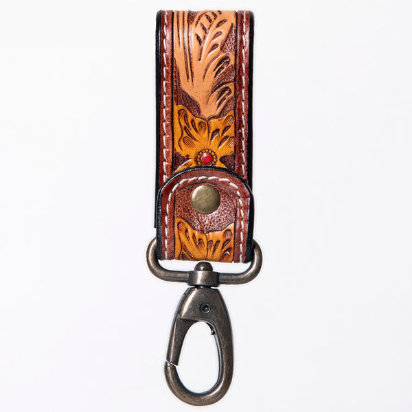 ADKR210 Hand-Tooled Leather Loop Keyring - Floral Design with Swivel Clasp