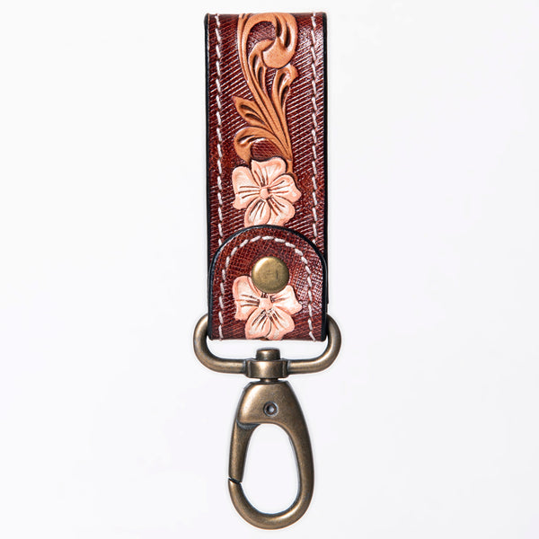 ADKR210 Hand-Tooled Leather Loop Keyring - Floral Design with Swivel Clasp