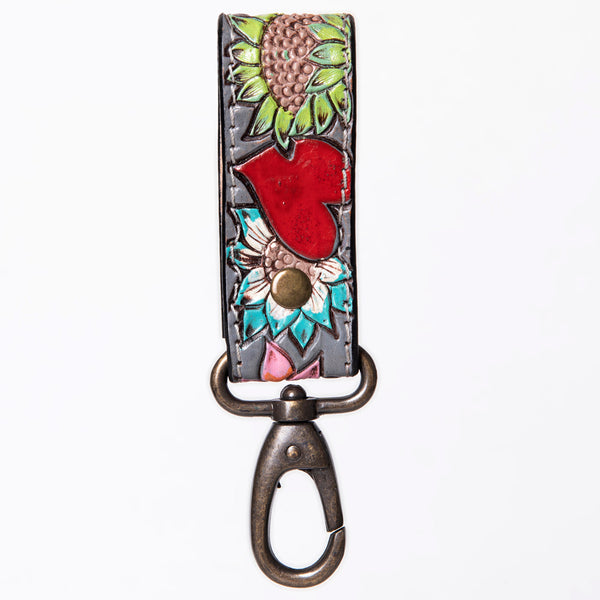 LC-ADKR210S Hand-Tooled Leather keyring Red Heart & Sunflower Floral on Charcoal