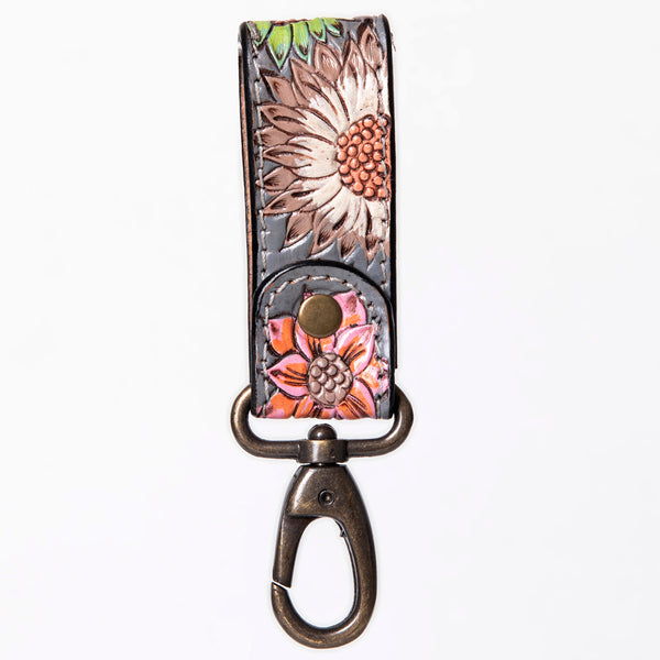 LC-ADKR210S Hand-Tooled Leather keyring Red Heart & Sunflower Floral on Charcoal