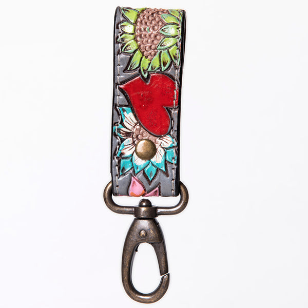 LC-ADKR210S Hand-Tooled Leather keyring Red Heart & Sunflower Floral on Charcoal