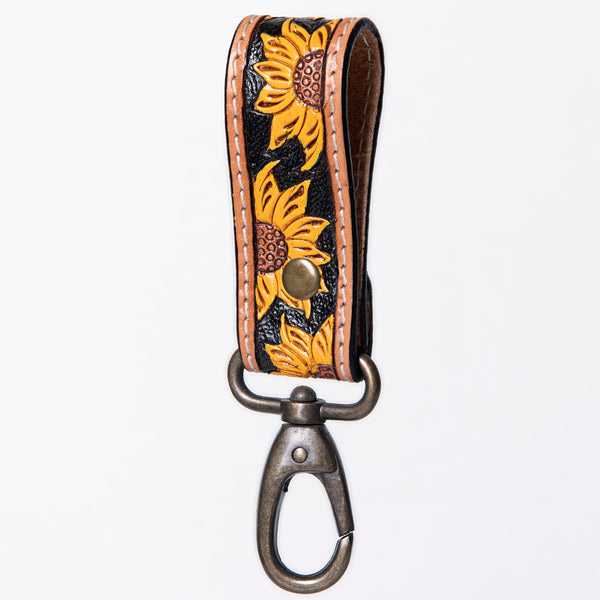 ADKR210 Hand-Tooled Leather Loop Keyring - Floral Design with Swivel Clasp