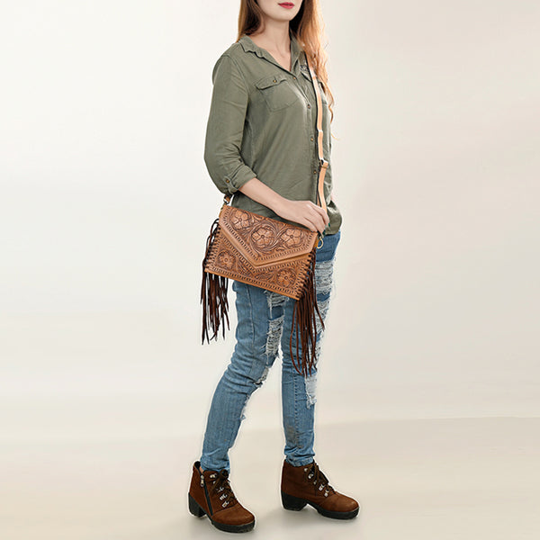 ADBGF105 American Darling Western Leather Envelope - Hand Tooled Floral Carved Purse with Fringes