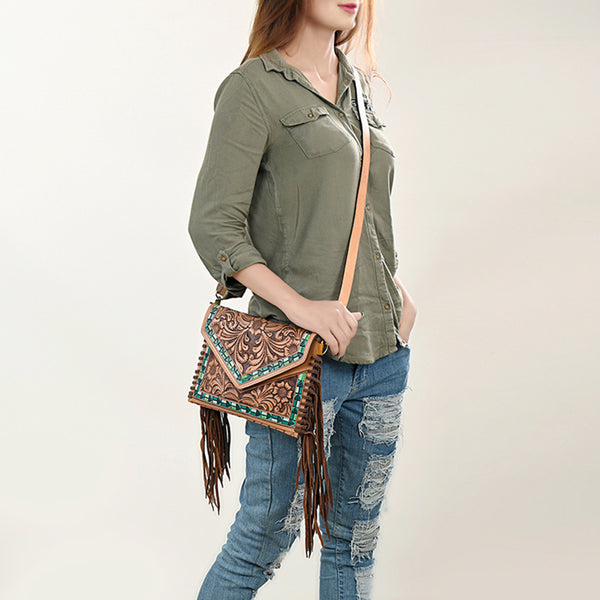 ADBGF105 American Darling Western Leather Envelope - Hand Tooled Floral Carved Purse with Fringes