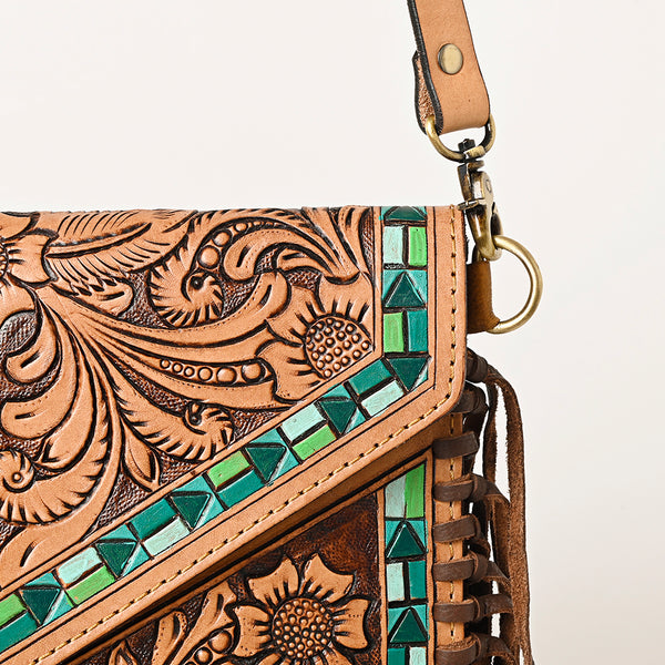 ADBGF105 American Darling Western Leather Envelope - Hand Tooled Floral Carved Purse with Fringes