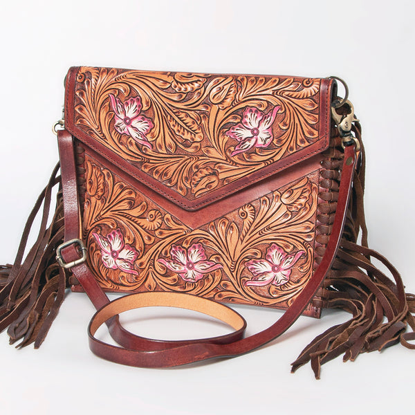 ADBGF105 American Darling Western Leather Envelope - Hand Tooled Floral Carved Purse with Fringes