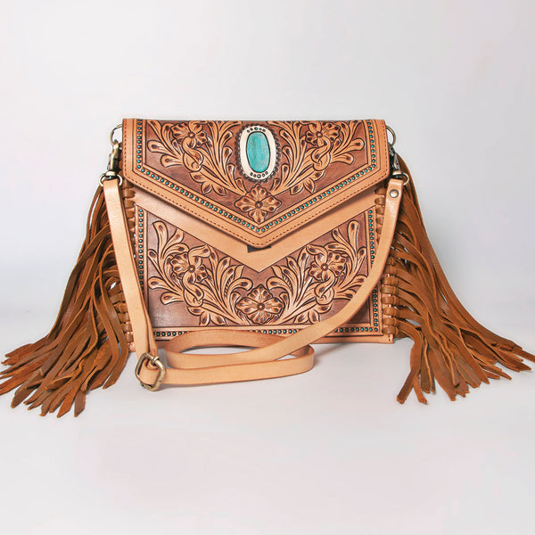 ADBGF105 American Darling Western Leather Envelope - Hand Tooled Floral Carved Purse with Fringes