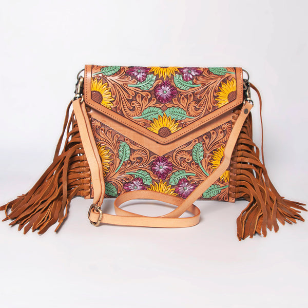 ADBGF105 American Darling Western Leather Envelope - Hand Tooled Floral Carved Purse with Fringes