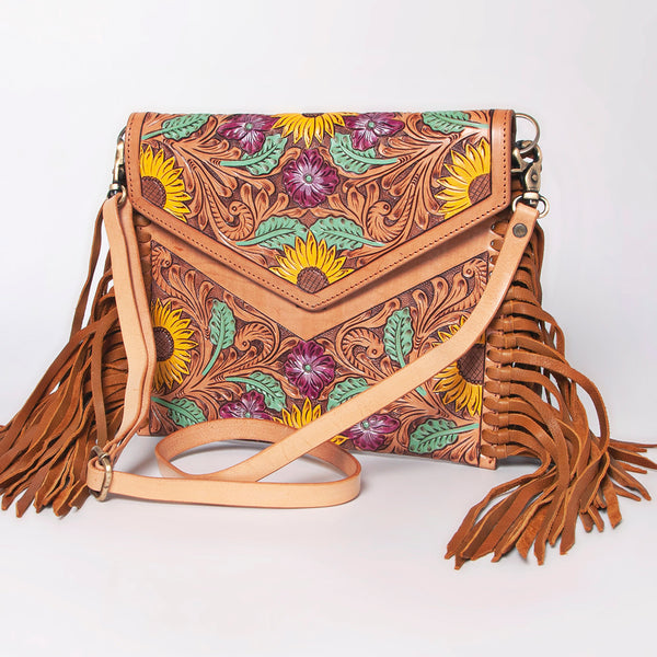 ADBGF105 American Darling Western Leather Envelope - Hand Tooled Floral Carved Purse with Fringes