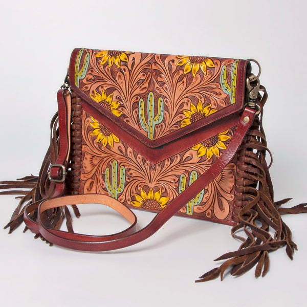 ADBGF105 American Darling Western Leather Envelope - Hand Tooled Floral Carved Purse with Fringes