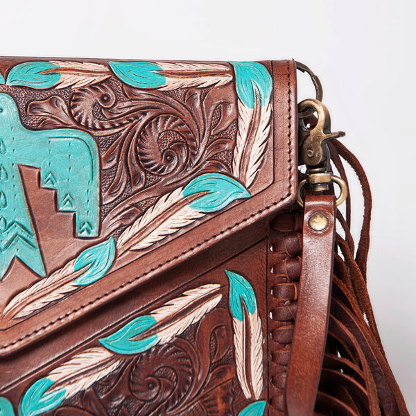 ADBGF105 American Darling Western Leather Envelope - Hand Tooled Floral Carved Purse with Fringes