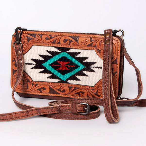 ADBG808 American Darling Hand Tooled Leather Cross body Bag with Woven Saddle Blanket