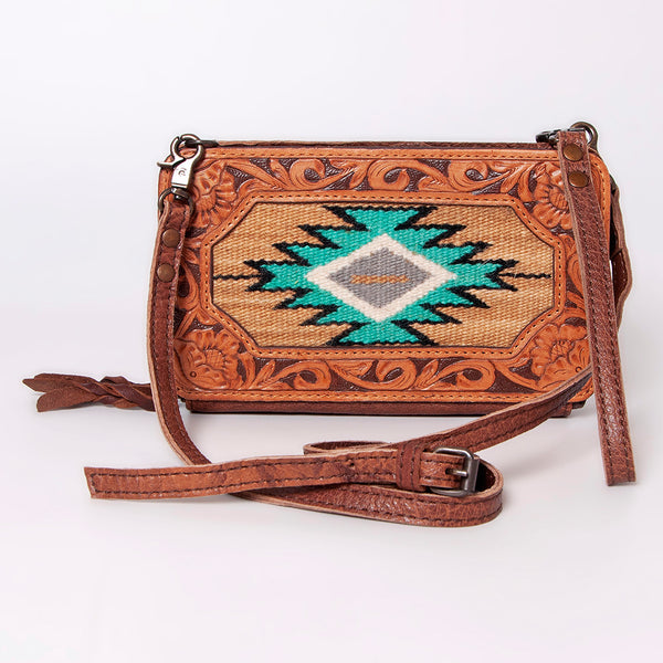 ADBG808 American Darling Hand Tooled Leather Cross body Bag with Woven Saddle Blanket