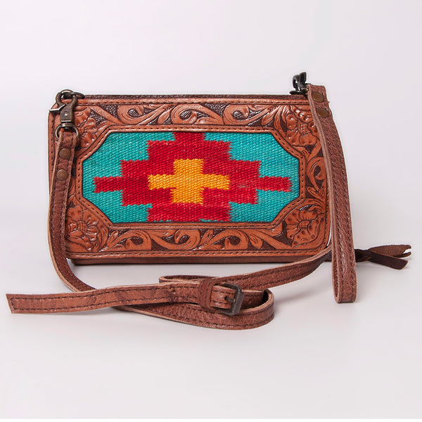 ADBG808 American Darling Hand Tooled Leather Cross body Bag with Woven Saddle Blanket