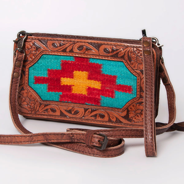 ADBG808 American Darling Hand Tooled Leather Cross body Bag with Woven Saddle Blanket