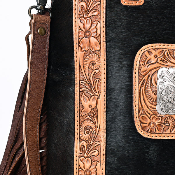 ADBG993 American Darling Hand Tooled Floral Leather Tote Bag with Hair-On Cowhide and Fringes