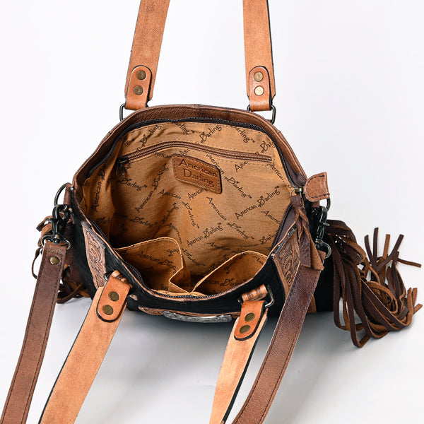 ADBG993 American Darling Hand Tooled Floral Leather Tote Bag with Hair-On Cowhide and Fringes