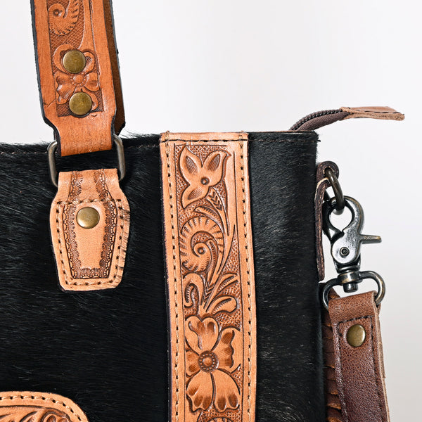 ADBG993 American Darling Hand Tooled Floral Leather Tote Bag with Hair-On Cowhide and Fringes