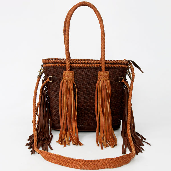 ADBGD146 American Darling Western Leather Tote Bag - Basket Weave Fringed Handcrafted Purse