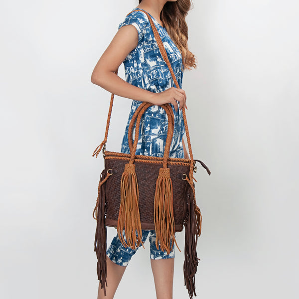 ADBGD146 American Darling Western Leather Tote Bag - Basket Weave Fringed Handcrafted Purse
