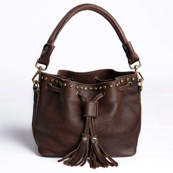 ADBGM189 Genuine Leather Bucket Bag - Western Studded Drawstring Purse with Fringe Tassel