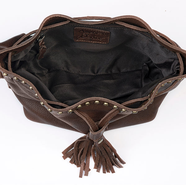 ADBGM189 Genuine Leather Bucket Bag - Western Studded Drawstring Purse with Fringe Tassel