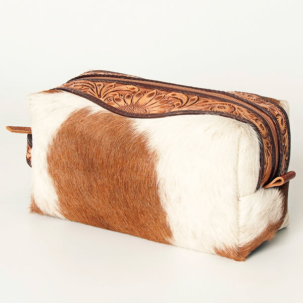 ADBG994 American Darling Hand Tooled Floral Leather Toiletry Bag with Hair-On Cowhide