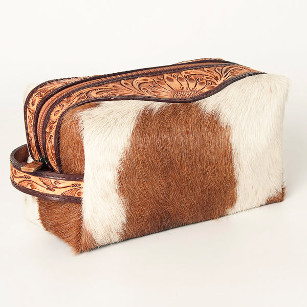 ADBG994 American Darling Hand Tooled Floral Leather Toiletry Bag with Hair-On Cowhide