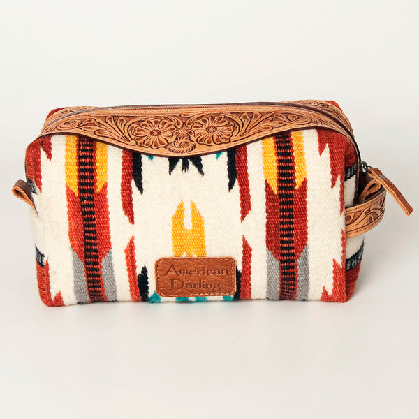 ADBG995 American Darling Hand Tooled Floral Leather Toiletry Bag with Hand-Woven Saddle Blanket