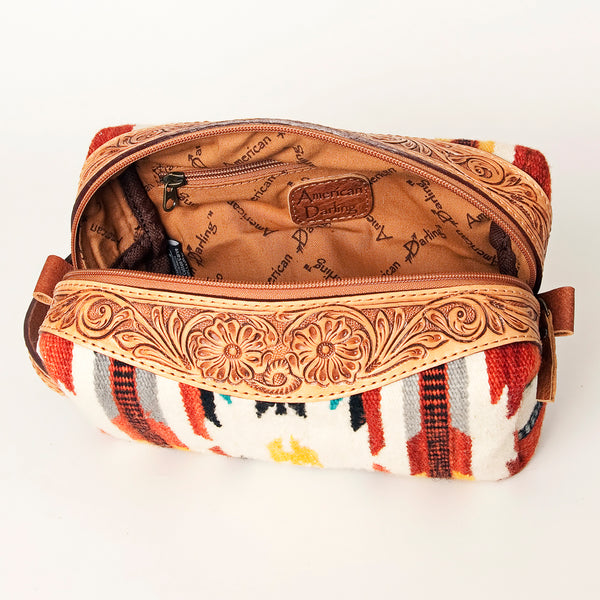 ADBG995 American Darling Hand Tooled Floral Leather Toiletry Bag with Hand-Woven Saddle Blanket