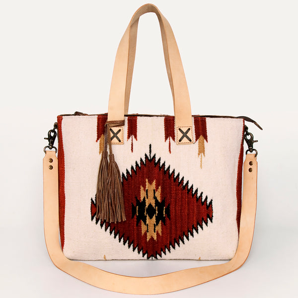 ADBG575 Southwestern Wool Tote with Natural Leather Straps Handwoven Pattern & Tassel