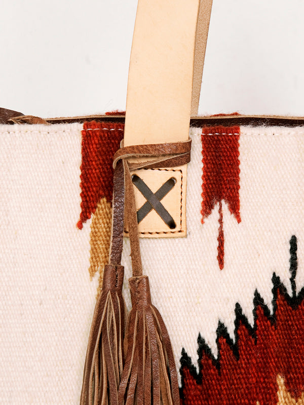 ADBG575 Southwestern Wool Tote with Natural Leather Straps Handwoven Pattern & Tassel